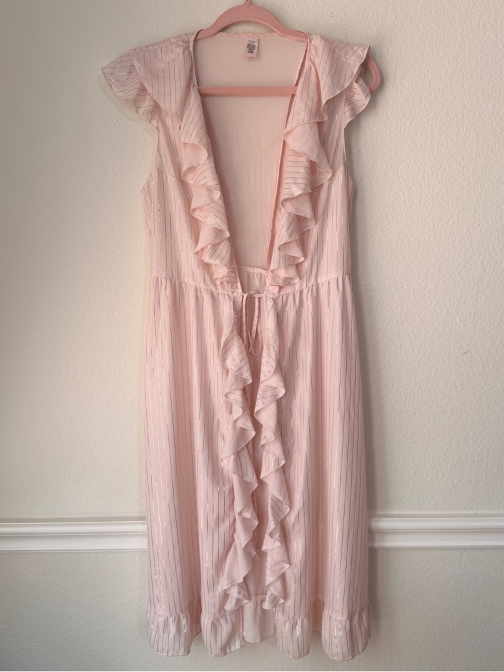 Victoria’s Secret Blush Pink Sheer Ruffle Robe Stripe Tie Front Coquette Fairy S